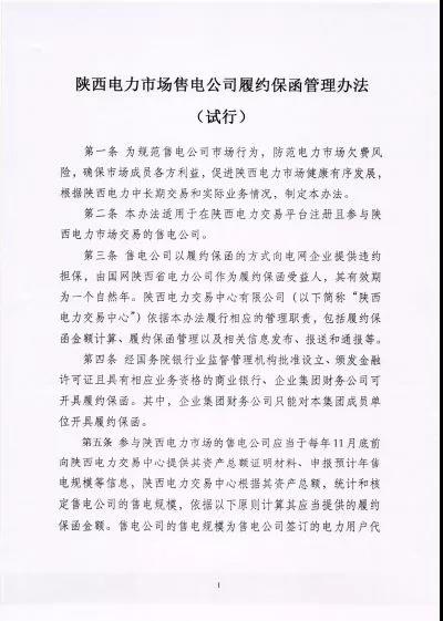 陜西電力市場售電公司履約保函管理辦法(試行):履約保函100萬起步