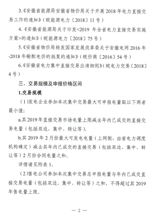 安徽省2019年2月份電力集中直接交易2月18日展開