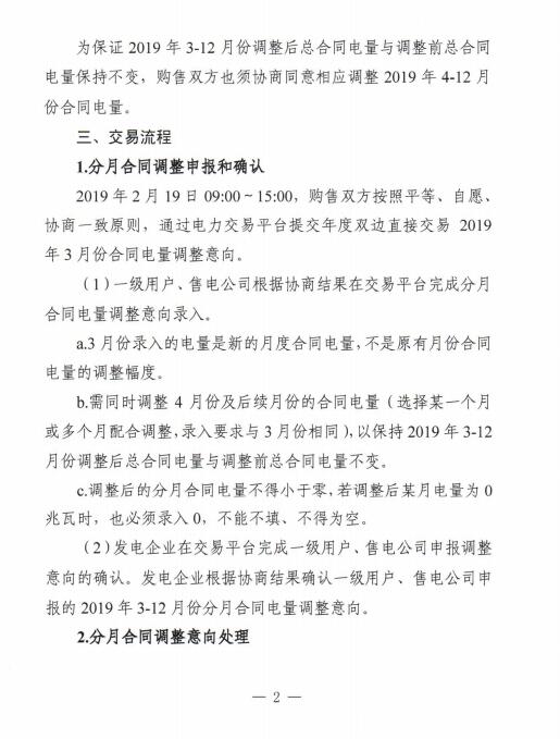  安徽2019年3月電力直接交易合同分月電量調(diào)整2月19日展開(kāi)