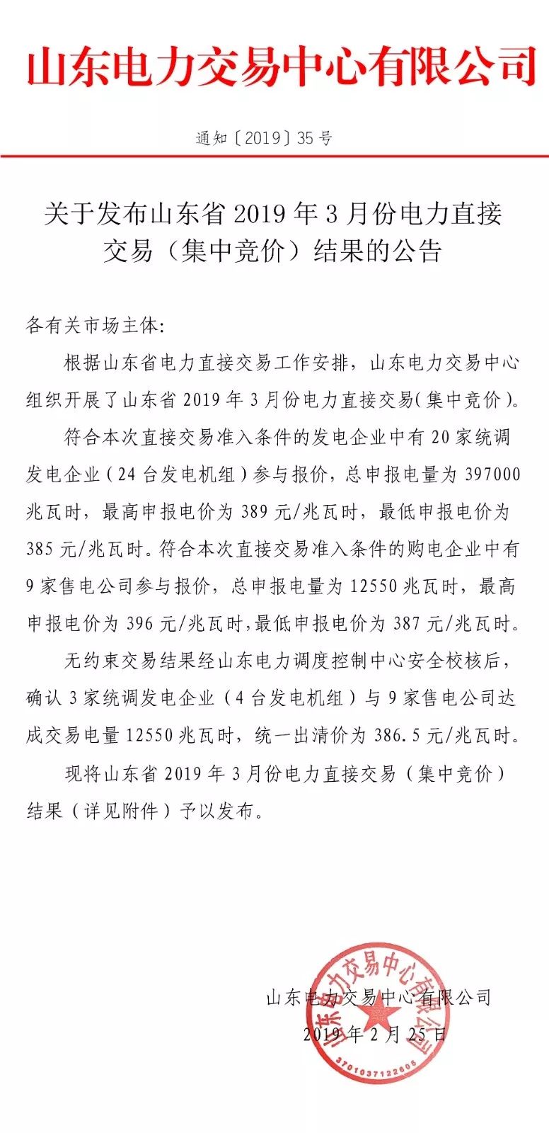 山東省2019年3月份電力直接交易(集中競價)結(jié)果:統(tǒng)一出清價386.5元/兆瓦時