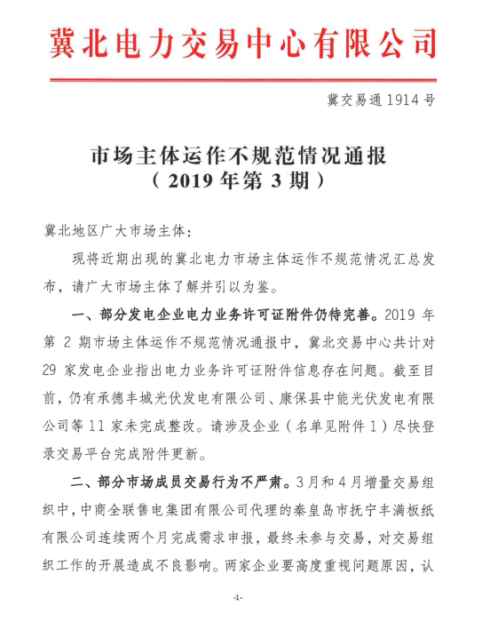 冀北2019年3月市場(chǎng)主體運(yùn)行不規(guī)范情況通報(bào)：部分市場(chǎng)成員交易行為不嚴(yán)肅
