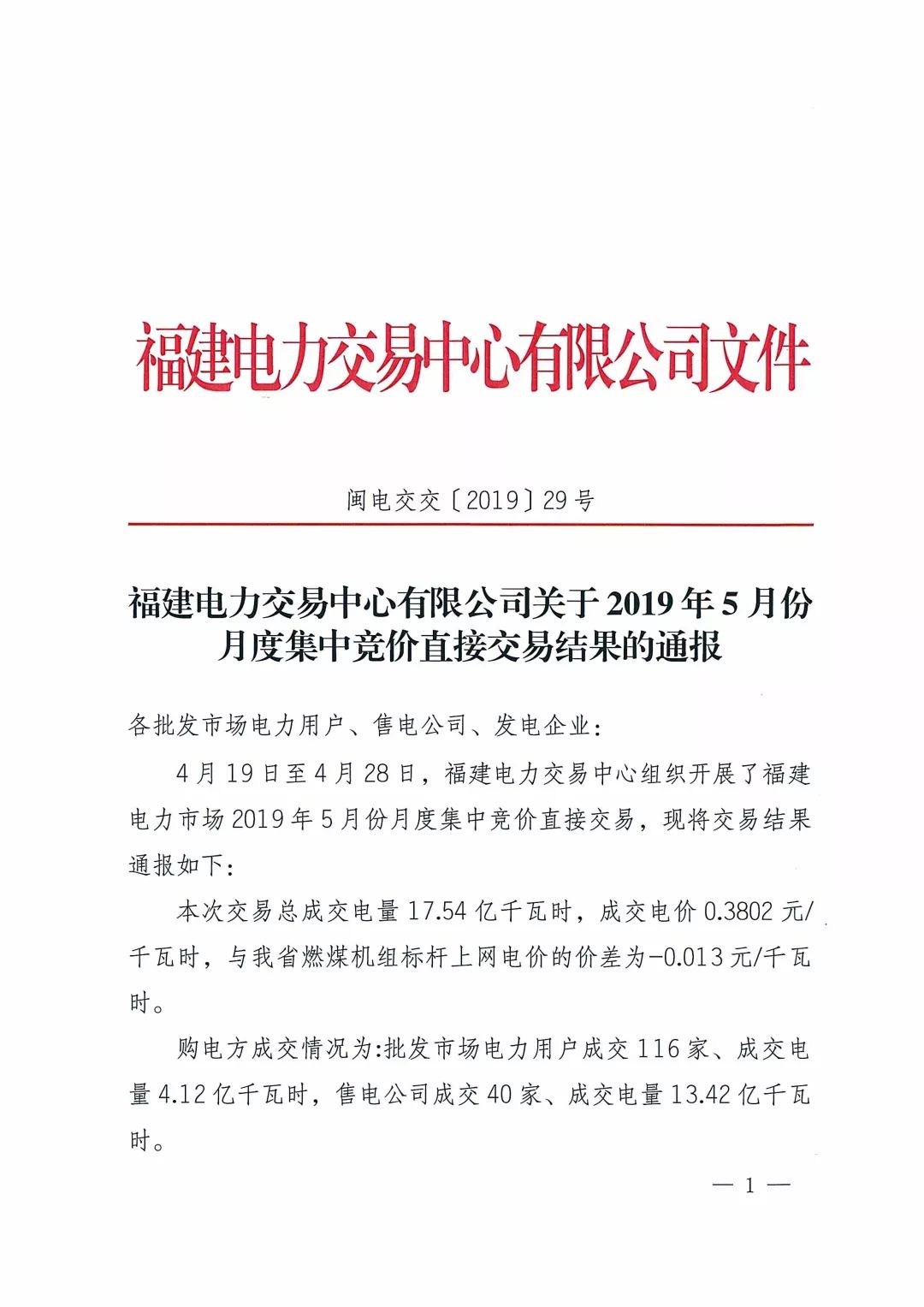 福建2019年5月份月度集中競價直接交易結(jié)果:價差-0.013元/千瓦時